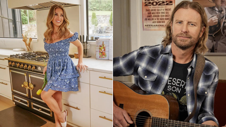 Left: Jessie James Decker stands in a kitchen wearing a short blue off-the-shoulder dress. Right: Dierks Bentley sits holding a guitar, wearing a black t-shirt and plaid shirt.