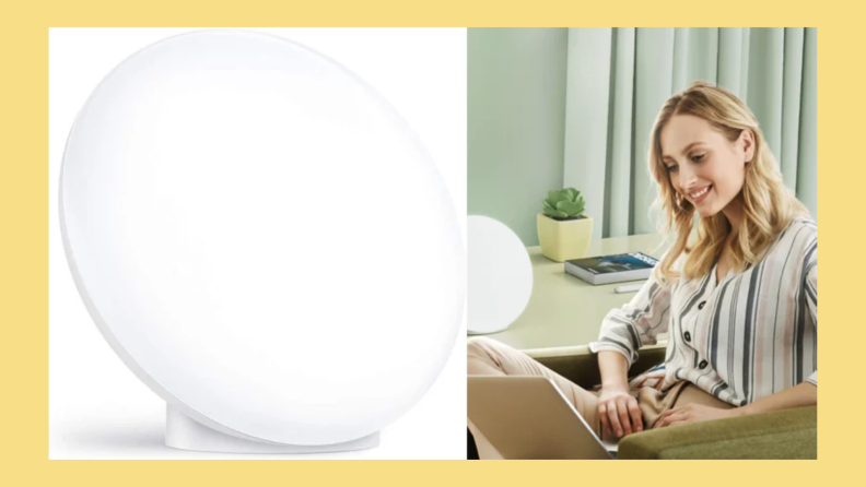 On left, light therapy lamp. On right, woman using laptop computer next to light therapy lamp.