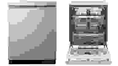 An image of a stainless steel dishwasher sits next to an open dishwasher