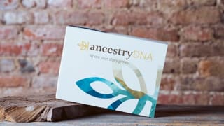 An AncestryDNA kit on a table in front of a red brick wall.