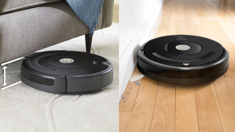 iRobot Roomba 675 under a couch next to a Roomba 675 sweeping the floor