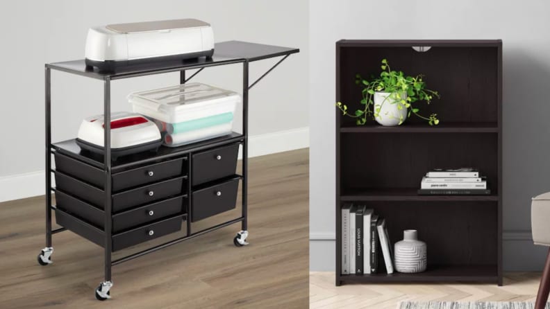 On the left, a black storage cart with a Cricut. On the right, a book shelf with three tiers.
