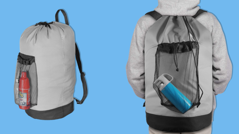 Dalykate laundry backpack is a dorm room essential on a blue background.