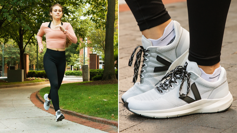 1) A person runs outside in a park. 2) A person wears white running shoes on their feet.