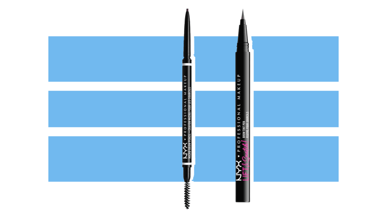 NYX Lift & Snatch Brow Tint Pen Waterproof Eyebrow Pen and NYX Micro Brow Pencil Vegan Eyebrow Pencil against a blue and white background.