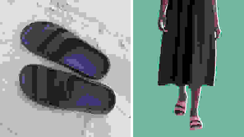 Black sandals on a beach, and also a model wearing the same sandals in mauve.