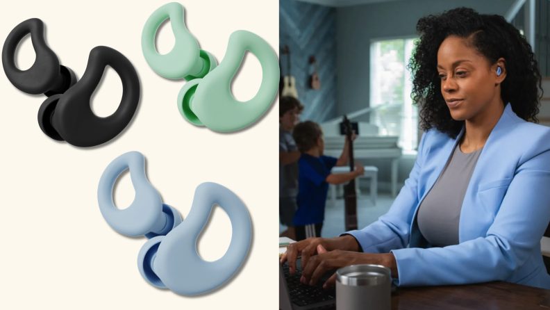 Three colors of CURVD earplugs, including blue, mint, and black. A woman doing work with her kids in the background, wearing CURVD earplugs.
