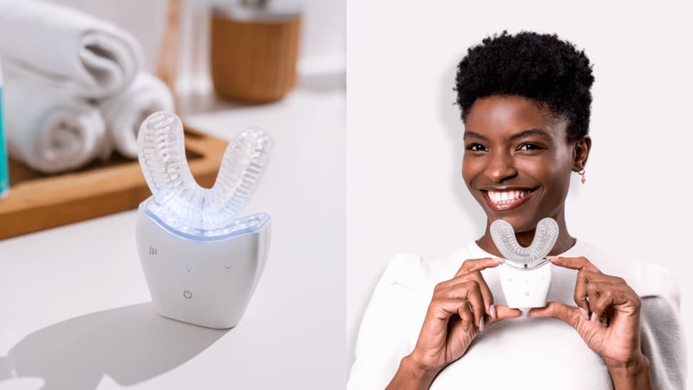 On left, Autobrush on bathroom countertop. On right, person smiling while holding Autobrush.