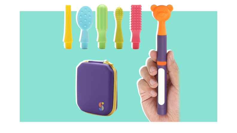 Person holding Oral Stimulation kit with 6 Soft Textured Interchangeable Heads that are multi-colored and of different textures for sensory needs.