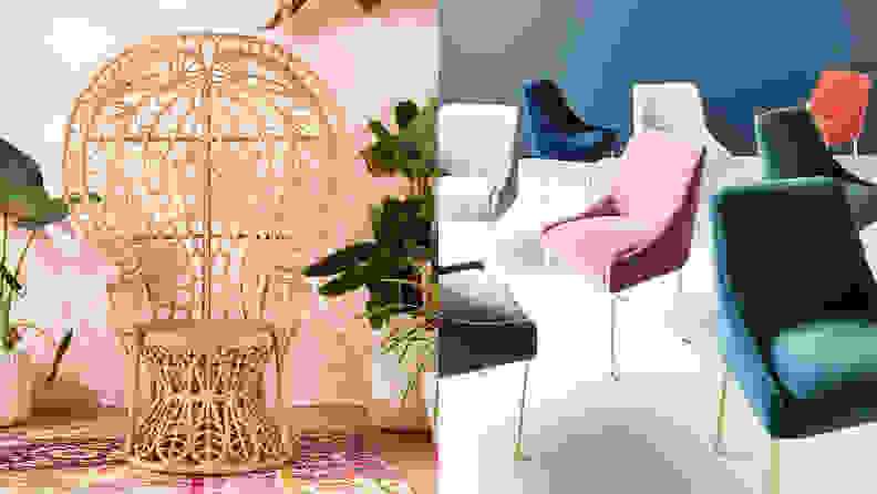 An ornate chair on a rug and several velvet chairs in a room, among the best things to buy at Anthropologie.