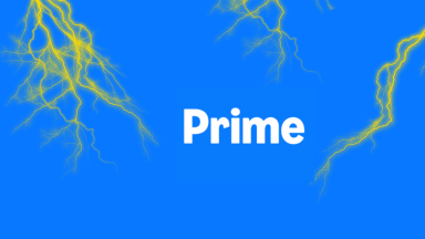 Blue background with yellow lightning bolts surrounding Prime