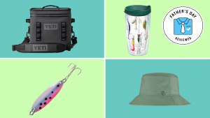 A Yeti backpack against a teal background in the upper left. A Tervis Tumbler with fishing lures prints against a light green background in the upper right. A fishing lure against a light green background in the bottom left. A green hat against a teal background in the bottom right.