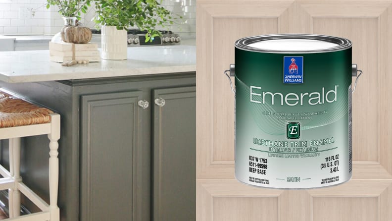 Left: A kitchen island with green-painted wood and trim; Right: A can of Sherwin-Williams Emerald Urethane Trim Enamel on a wood background