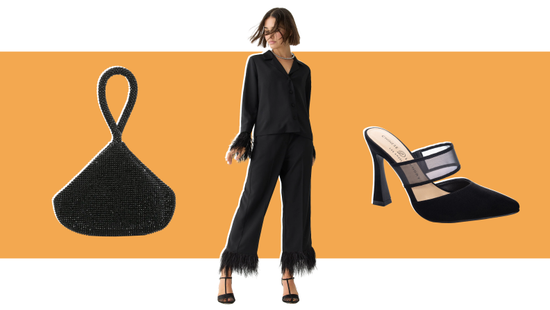 A Kelly & Katie wristlet, a J.Crew feathered pant-suit, a Sumter pump.