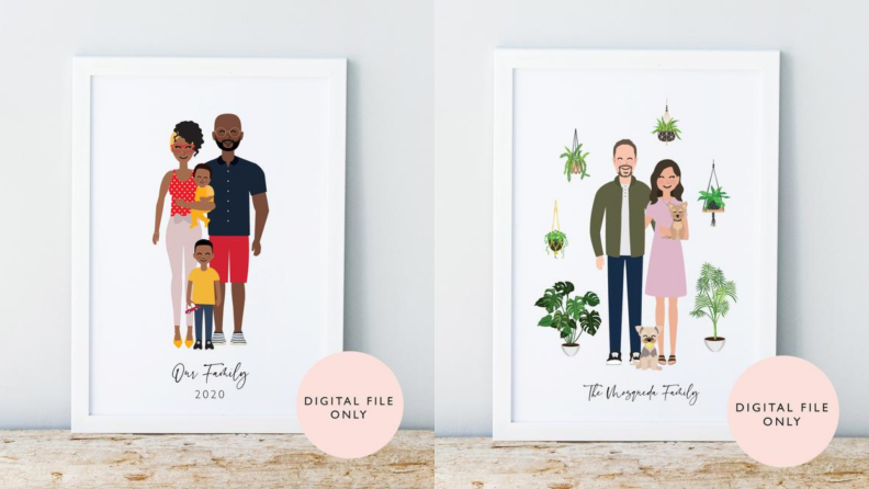 On left, cartoon drawing of a smiling family of four within a white picture frame that reads, "Our family, 2020." On right, cartoon drawing of smiling couple holding one dog and another dog on the ground by their feet.