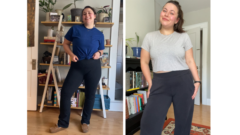 Collage image: On the left is a photograph of the author wearing flared black leggings with slippers and a blue T-shirt. On the right is the author wearing gray flared pants and a gray T-shirt.