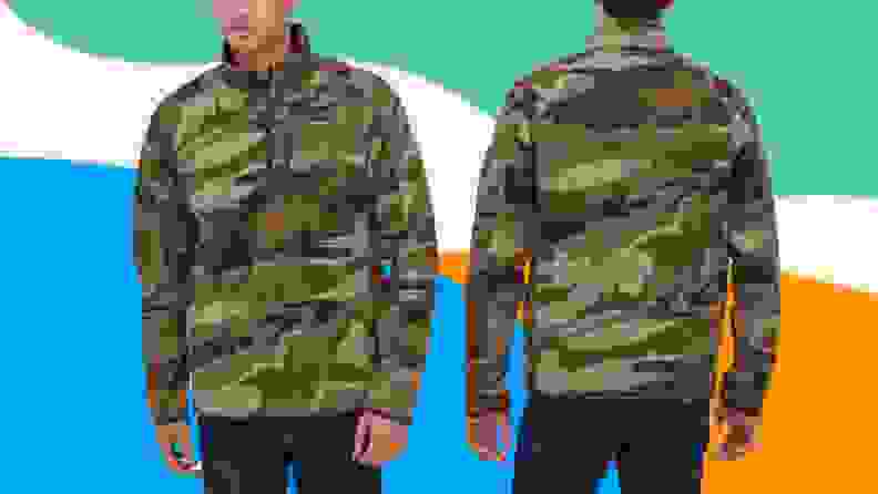 Person wearing camouflage quarter-zip pullover.