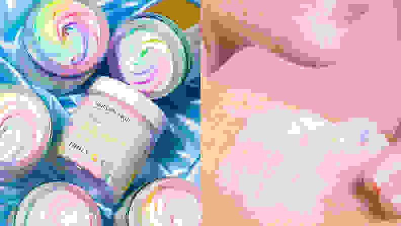 On the left: Several bottles of the Unicorn Fruit Whipped Body Butter laying on a satin blue sheet with the center jar facing outward toward the camera. On the right: A closeup of a woman's shoulder with the rainbow body butter smeared onto it and her hand placed on her shoulder.
