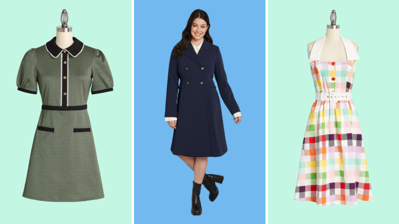 Collage of three plus size options: a vintage-style green dress, a navy coat, and a multicolored vintage style dress.