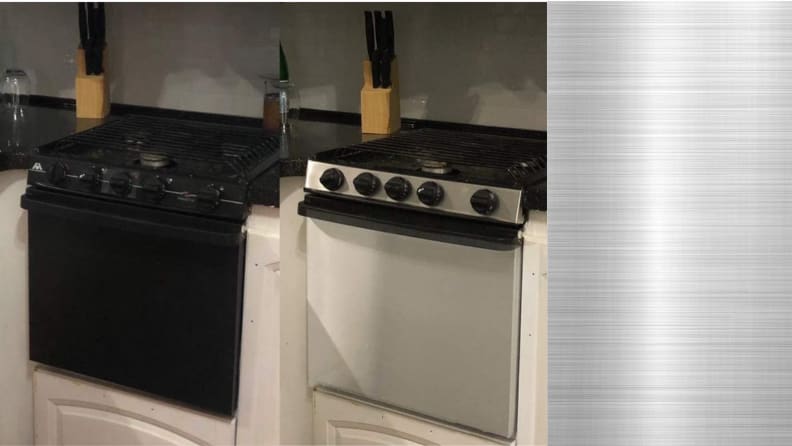 A side by side shot of an appliance with and without stainless steel contact paper.