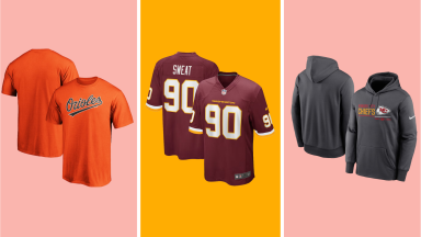 A collage of discounted sports gear from the Baltimore Orioles, Washington Commanders, and Kansas City Chiefs.