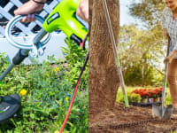 Some weed wacking and someone digging in their garden.