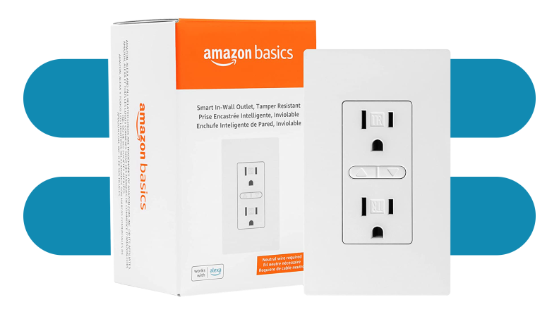 The Amazon Basics Smart In-Wall Outlet next to an Amazon Basics Smart In-Wall Outlet package.