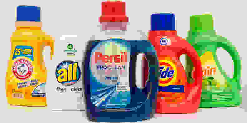 Arm and Hammer, All, Persil, Tide, and Gain liquid laundry detergents