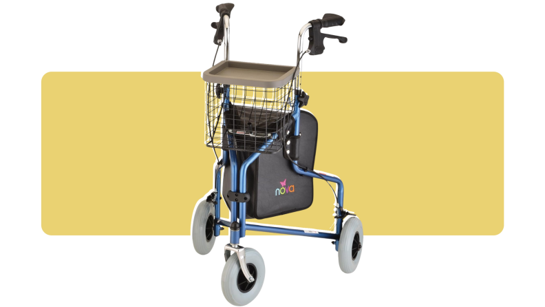 A blue Nova Traveler rollator on a colorful background