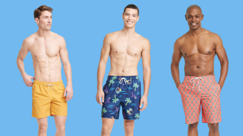 Three men's swimsuits: One in pale yellow, one with a neon print, and one in a red pattern.