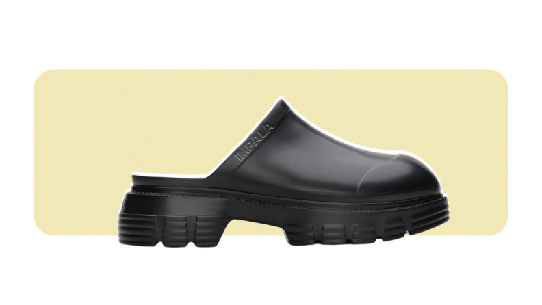 A flat rubber clog that has a thick lug sole.