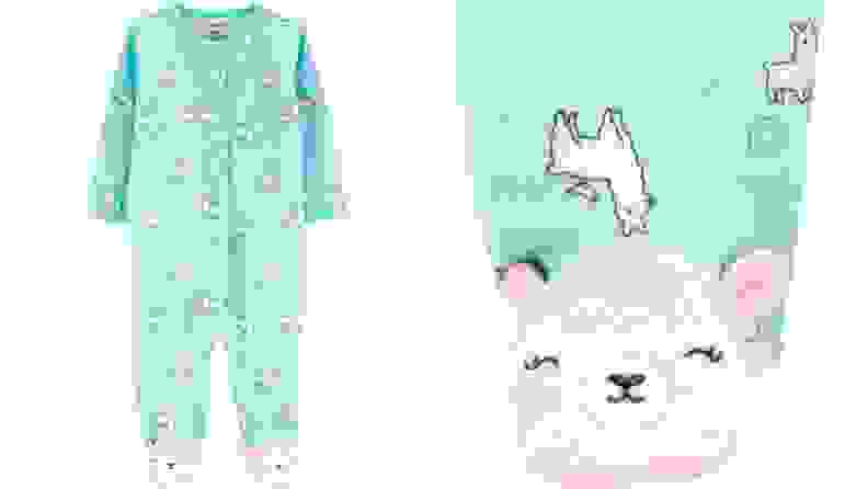 Image of a onesie with llamas on the design and on the footies