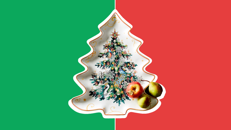 White Christmas tree shaped cookie platter with small fruits in front of red and green collage.