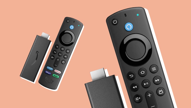 Two Amazon Fire TV Sticks with their remotes in front of a background.