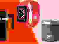 冷饮机，红色苹果手表和橄榄杯，红色/粉色背景。