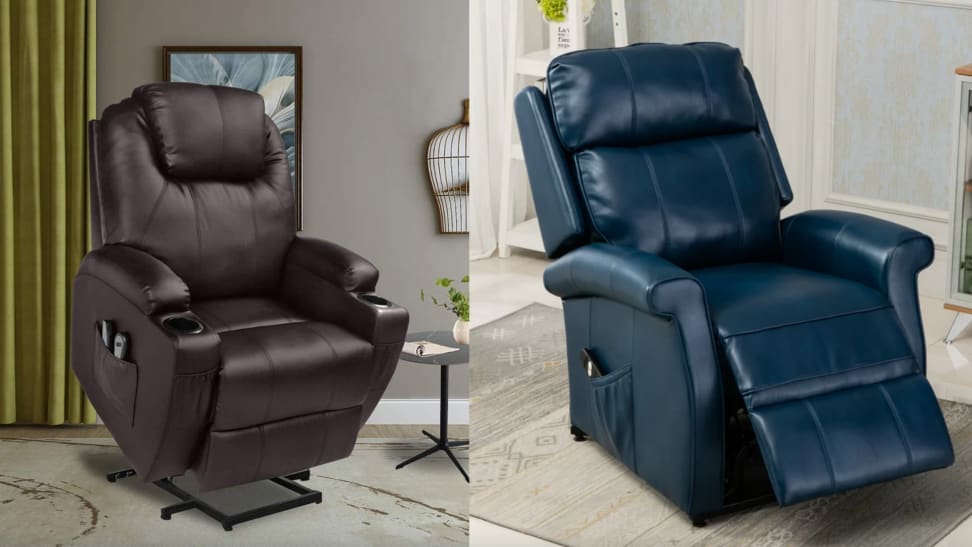 A brown Magic Union recliner in the raised position and a blue Nojus recliner in the seated position.