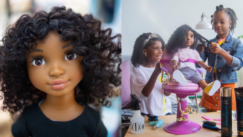 On the left: A close up of the Healthy Roots Doll's face. On the right: Two young girls brushing a Healthy Roots Doll's hair.