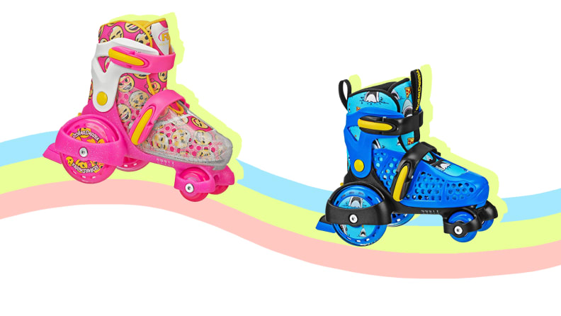 A pink and a blue roller skate on a rainbow.