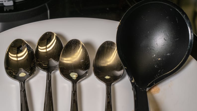 This is the end result after washing egg-dipped spoons and a marinara-drenched ladle with the top-rack-only cycle.