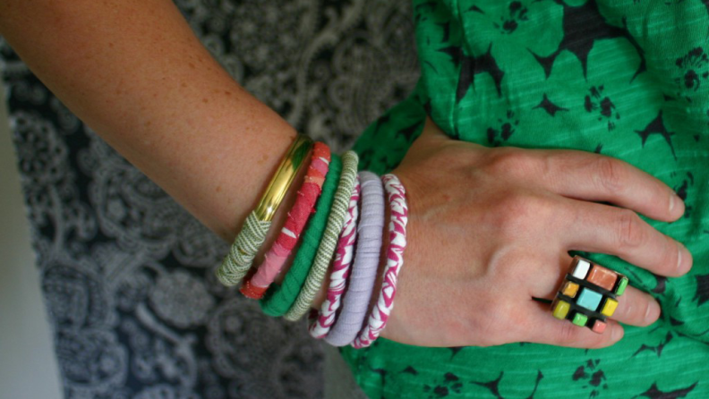 Old T-shirts can be repurposed into beautiful bangles.