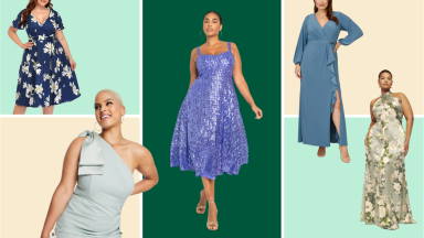 Collage image of women wearing a floral knee-length dress, a green mini dress with a bow on the shoulder, a purple slip dress, a soft blue dress with long sleeves and a leg slit, and a floral printed silk gown.