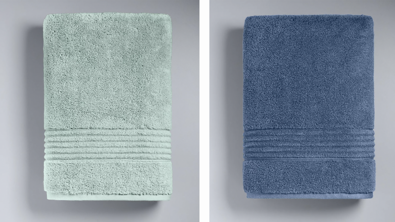 Two fluffy towels in shades of blue