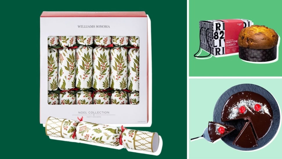 Photo collage of Williams Sonoma Christmas crackers, a loaf of panettone bread from Olivieri 1882 next to a box and a small, round black cake with one slice being extracted.