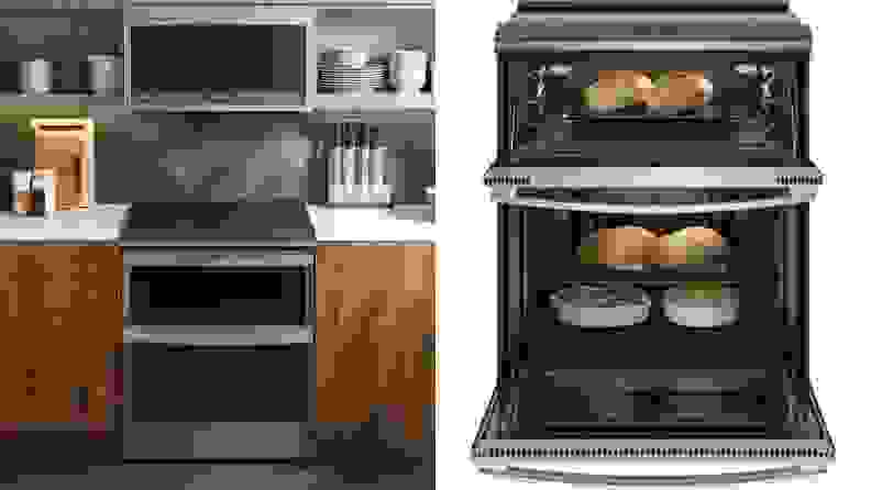 Left: GE Profile PS960YPFS in a modern ktichen. Right: PS960YPFS on white background with both oven doors open