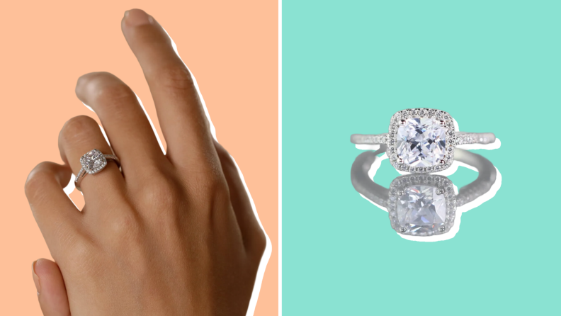 Collage of an engagement ring from Etsy shown on a finger and against a turquoise background.