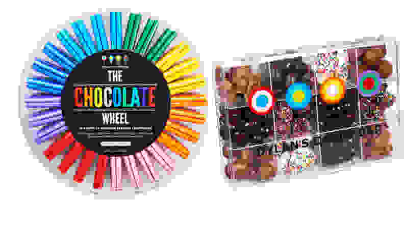 Left: Colorful wheel of separately packaged chocolates. Right: clear box of separated chocolate goodies