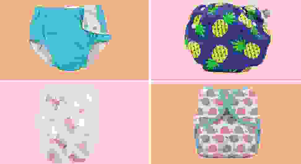 Four swim diapers sit on orange and pink checkered background