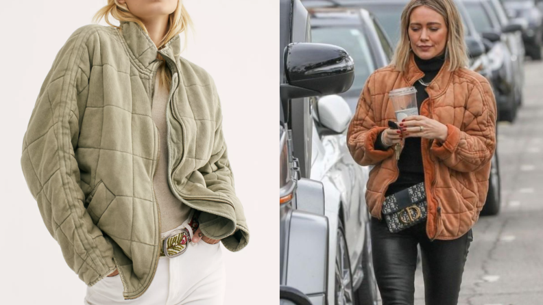 Hilary Duff and a model sport the same quilted Free People Dolman jacket.