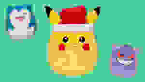Snorlax, Pikachu Holiday, and Gengar Pokemon Squishmallows on a green background.