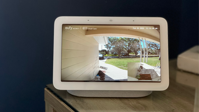 The Google Nest Hub (second-gen) smart display shows a video doorbell live stream